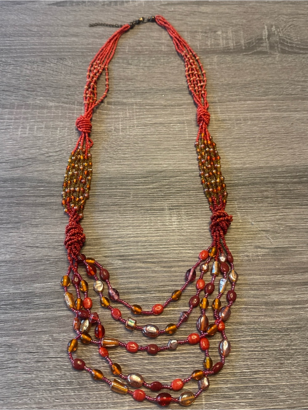 Vintage Boho Multi Strand Red Amber Toned Beaded Statement Necklace 36” + 2” Ext